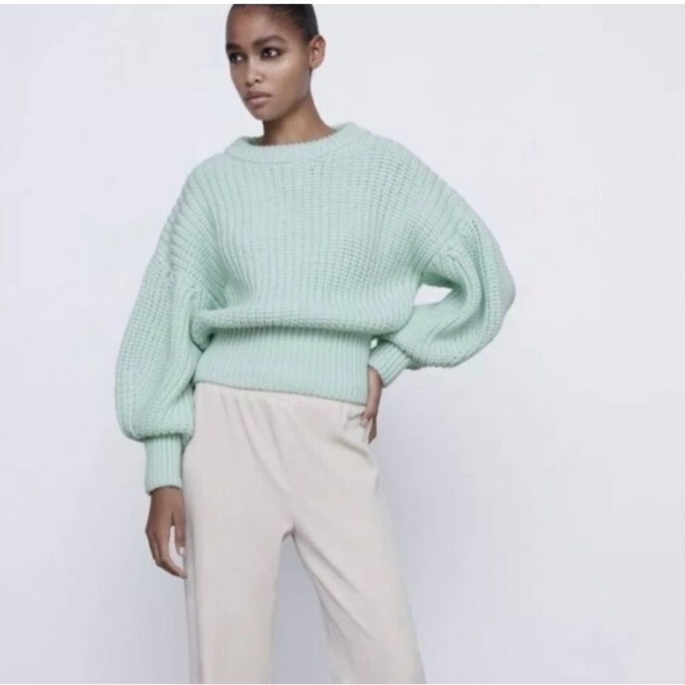 Zara Purl Knit balloon sleeve sweater  Green - Picture 8 of 10